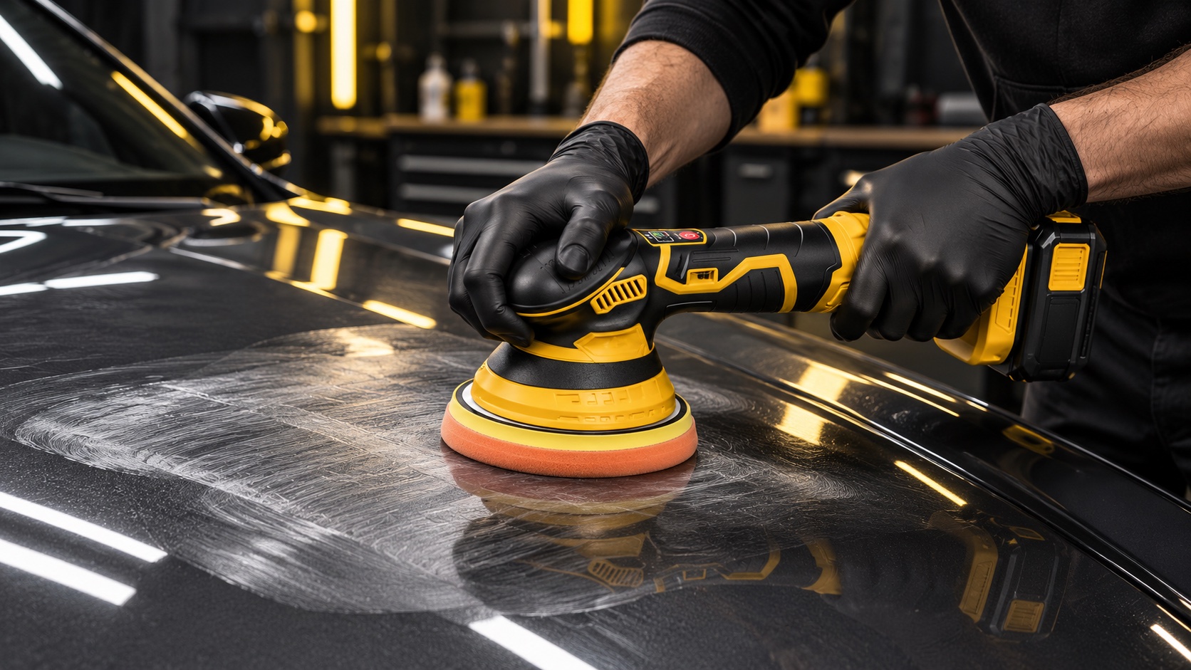Detailer holding a yellow and black dual-action polisher flat against a dark car hood