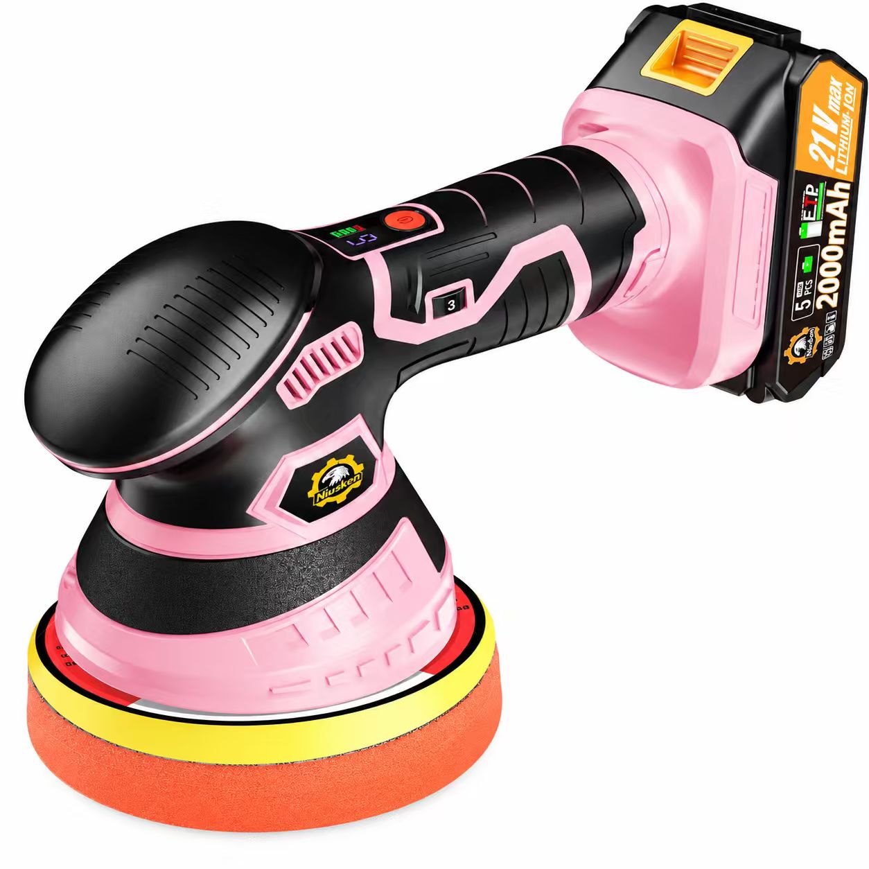 Pink and black NIUSKEN 21V cordless DA car polisher