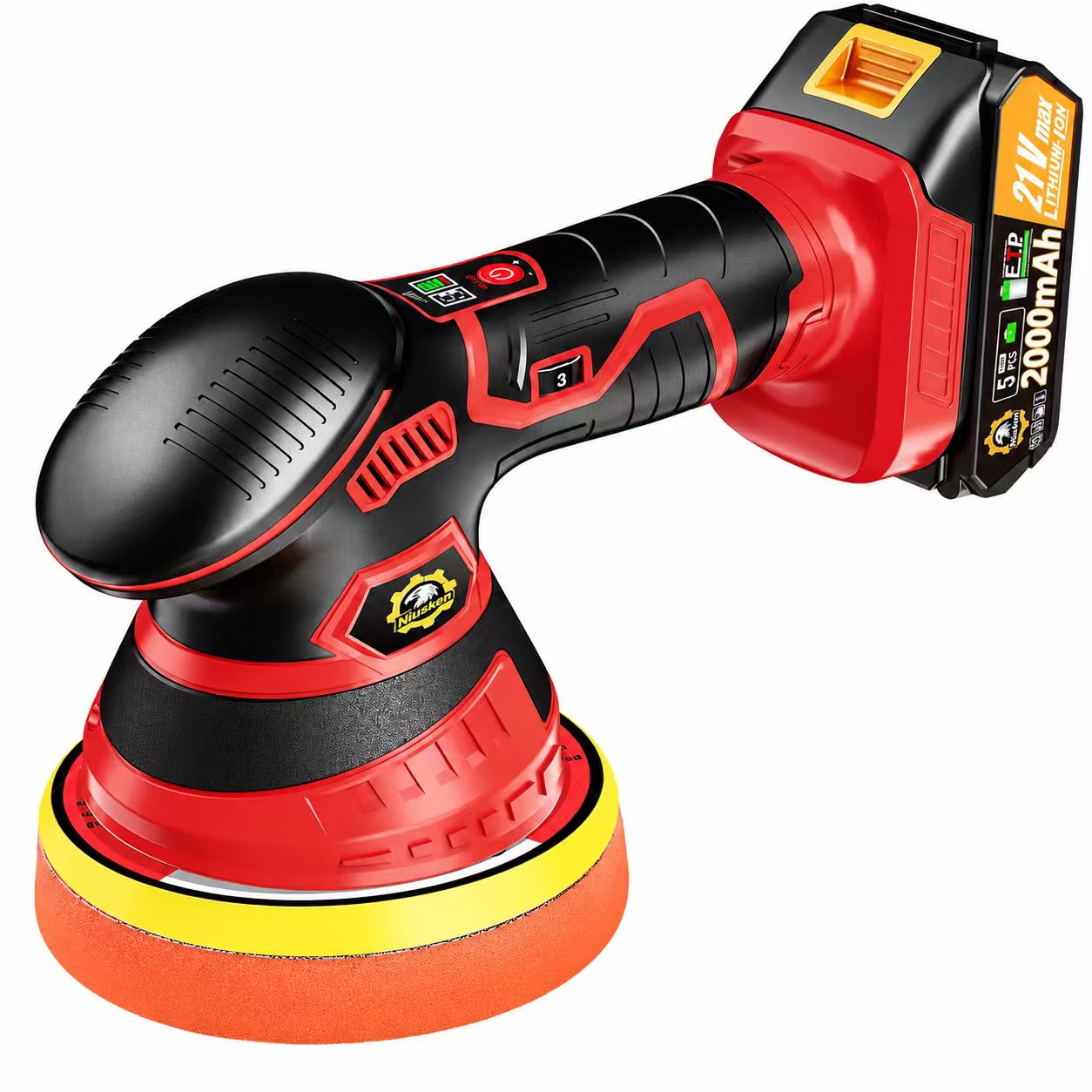 Red and black NIUSKEN 21V cordless DA car polisher