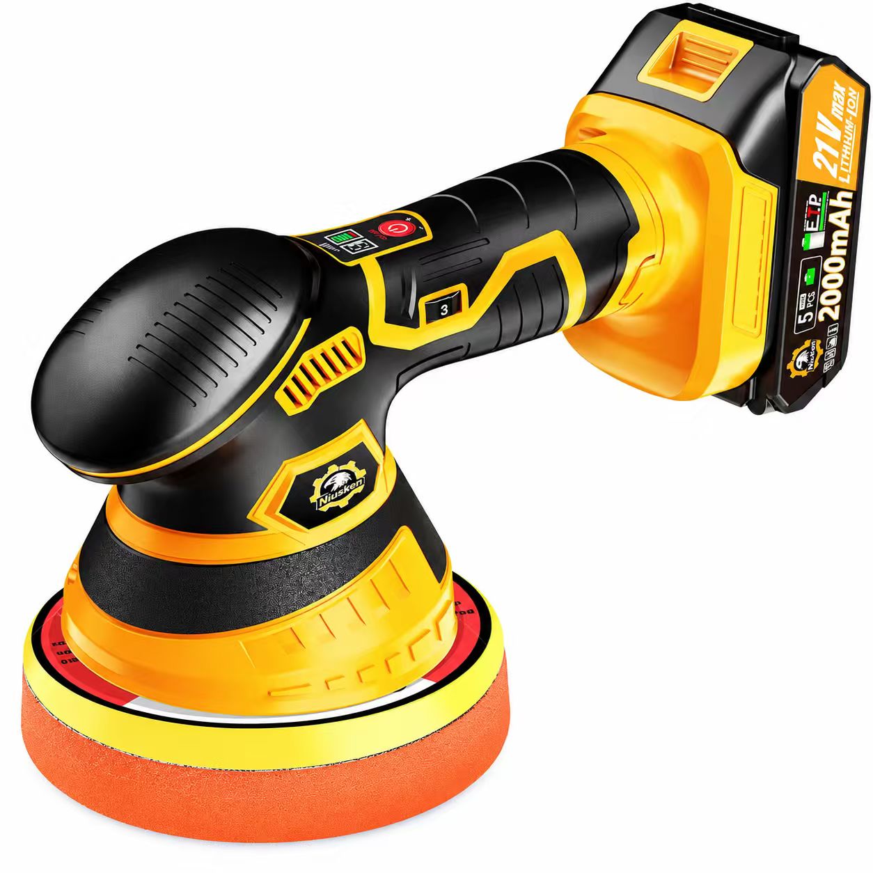 Yellow and black NIUSKEN 21V cordless DA car polisher